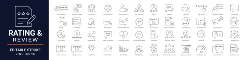 Plakat Rating and review outline icon set with editable stroke for customer feedback, star rating, testimonials, satisfaction, evaluation, verified, ranking, service, approval and business reviews