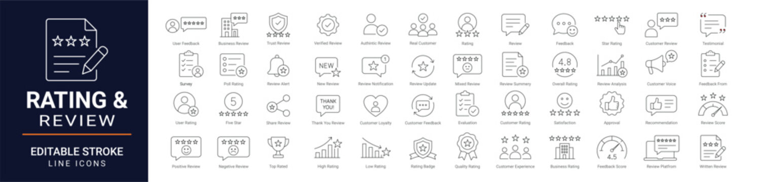 Rating and review outline icon set with editable stroke for customer feedback, star rating, testimonials, satisfaction, evaluation, verified, ranking, service, approval and business reviews