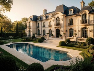 Obraz premium Grand mansion with blue pool and manicured garden. Elegant estate features ornate architecture, lush landscaping, and sunny sky. Perfect for luxury real estate