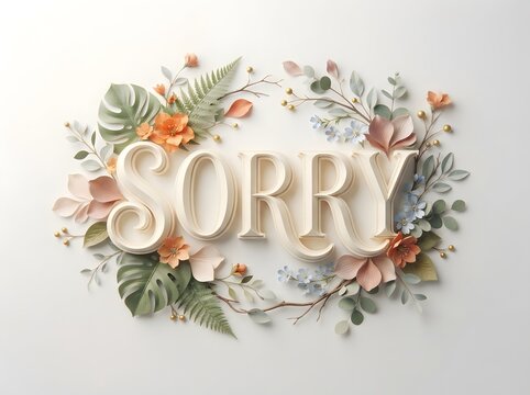 Floral sorry message with tropical leaves and blossoms 3d rendering with a soft neutral background
