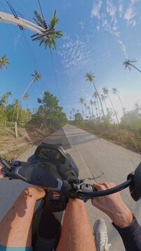 A Person Rides a Black Scooter Along a Concrete Palm Lined Road, Bare Hands on Handlebars, First Person Wide Angle View of Tropical Travel and Adventure Vertical video.