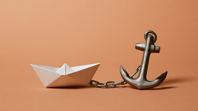 Small white paper boat attached with metal chain to heavy ship anchor on solid beige background studio concept metaphor of limitation danger