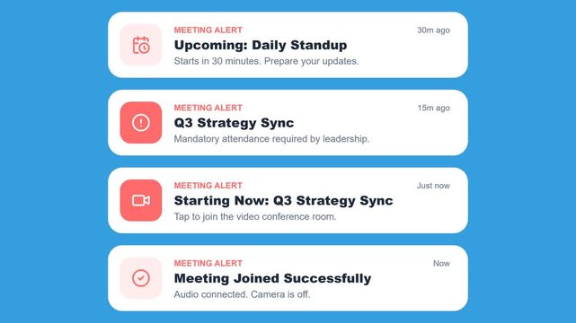 Meeting Notification Cards Stacking on Blue Background with Standup and Strategy Sync Alerts for Productivity
