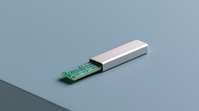 Modern electronic device storage unit with visible circuit board inside metallic silver case isolated on simple minimalist blue background surface