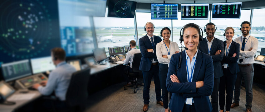 Air traffic controller leads diverse aviation operations team in modern control center, showcasing flight monitoring, airspace management, communication, teamwork and aviation safety.