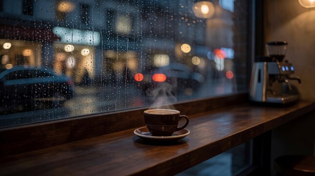 Steaming cup of coffee on a wooden cafe counter by a rainy window at night