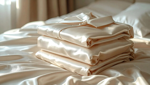 Stacked beige linen sheets and pillowcases arranged on a neatly made bed with soft natural lighting highlighting fabric folds.