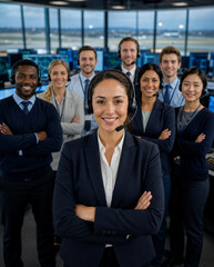 Obraz premium Air traffic controller leads diverse aviation operations team in modern control center, showcasing flight monitoring, airspace management, communication, teamwork and aviation safety.