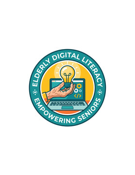 Elderly digital literacy and senior technology empowerment circular badge icon.