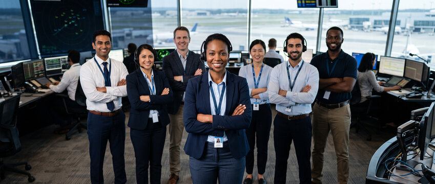 Air traffic controller leads diverse aviation operations team in modern control center, showcasing flight monitoring, airspace management, communication, teamwork and aviation safety.