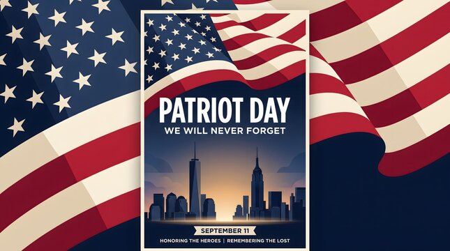 Patriot day memorial graphic featuring the new york city skyline and the american flag to honor the victims of september eleventh attacks