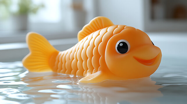Close-up pastel cartoon visual of a soft bath spout cover shaped like a smiling fish in gentle orange and yellow against a pure white backdrop 