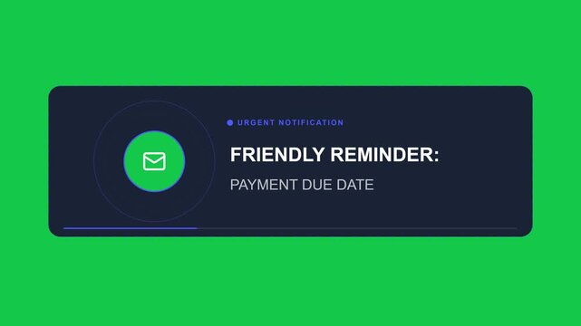 Digital Notification Banner for Payment Due Date Reminder with Envelope Icon on Chroma Key Green Screen