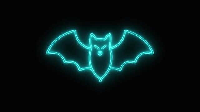 Glowing neon blue bat icon animation with a spooky design for halloween celebration and party decor light effect.
