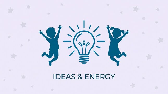 Happy kids jumping with a glowing lightbulb idea icon