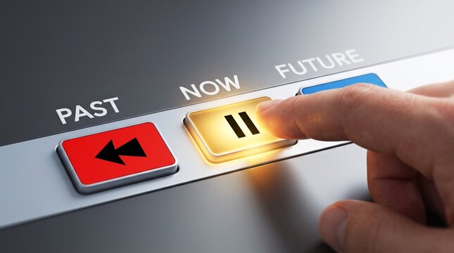 Concept of Time Control with Hand Pressing Pause Button on Timeline Dashboard representing Present Moment