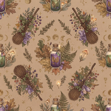 Witchcraft Magic Seamless Pattern with Potions and Brooms