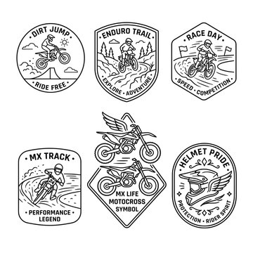 Vintage motocross and enduro dirt bike badge collection with linear vector illustrations.