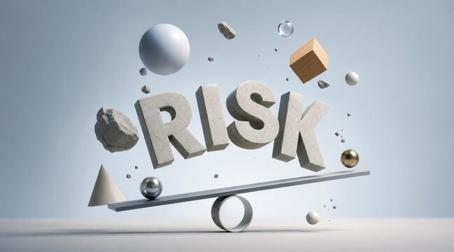 3D render of the word risk balanced on a seesaw with floating geometric shapes.