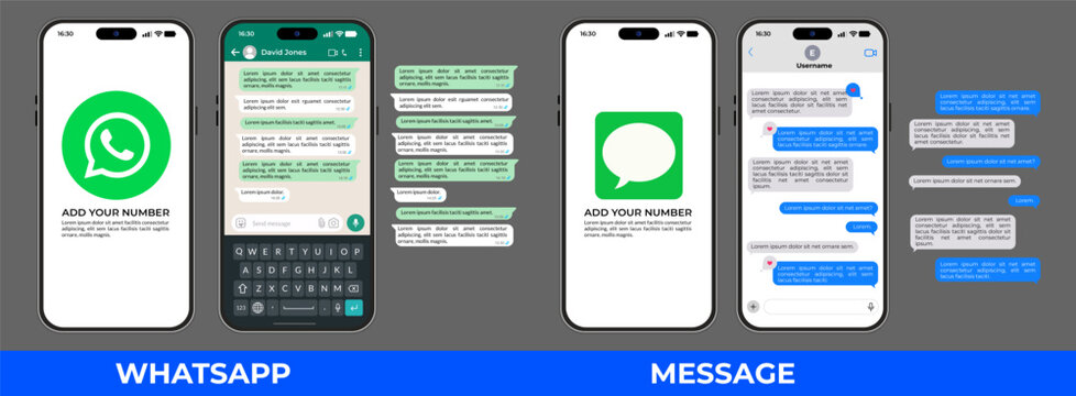 WhatsApp and iMessage smartphone messaging app interfaces, chat conversation screen templates, mobile design layouts for instant communication