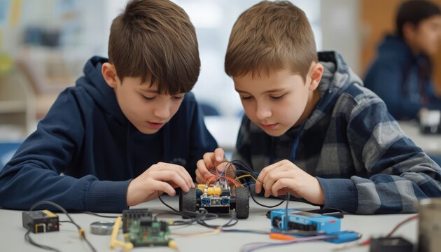 Two curious young boys building a small robotic vehicle together in a bright modern classroom setting