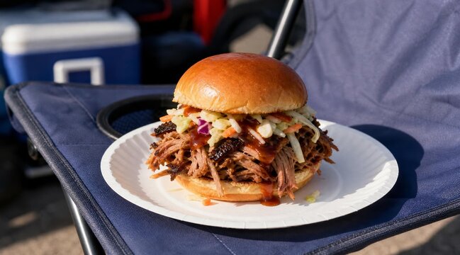 Delicious Pulled Pork Sandwich with Coleslaw on a Paper Plate.