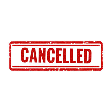 Red rectangular cancelled stamp or badge with white text isolated on transparent background