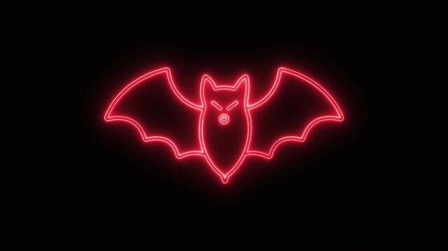 Red neon glowing bat icon  animation for halloween holiday decoration light effect.
