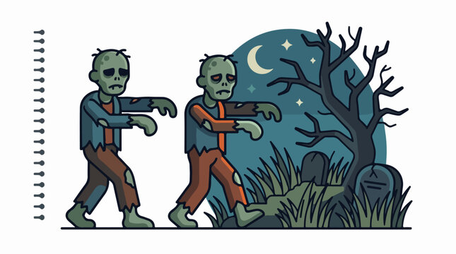 Two cartoon zombies walking at night in graveyard