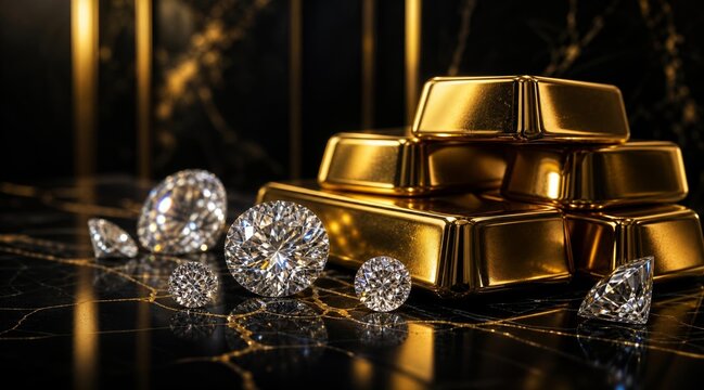 Stack of shiny gold bars with sparkling loose diamonds on a black marble surface.