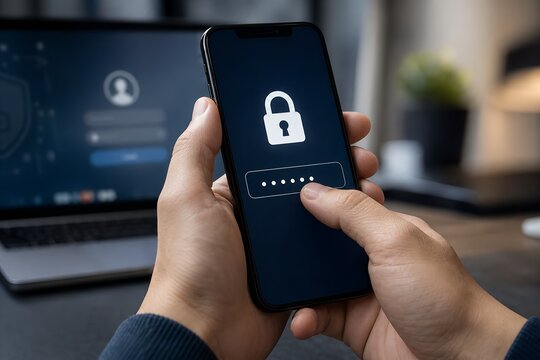 User Holding Smartphone Entering Password Security Pin Code
