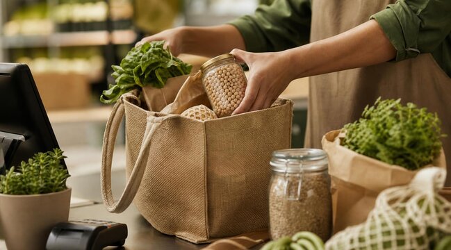 Woman packing zero waste grocery shopping in reusable jute bag at store counter.