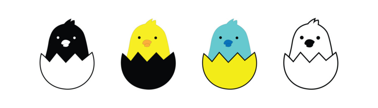 Cute little chick hatching from eggshell vector illustration set isolated on white background