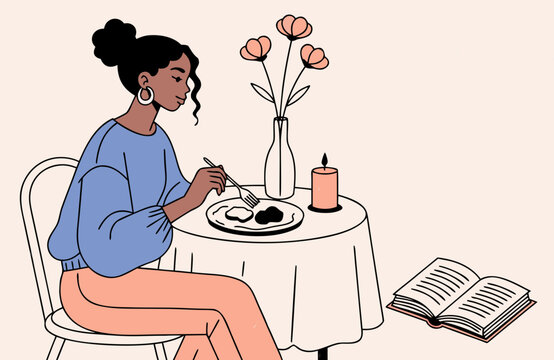 Woman enjoying a meal alone at table with flowers, candle and open book, peaceful self care and mindful dining hand drawn illustration