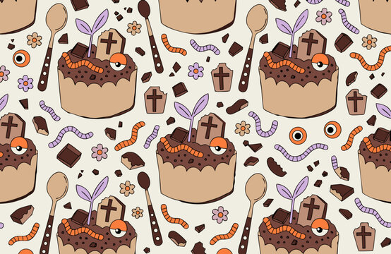 Dirt cake halloween pattern with chocolate crumbs, gummy worms, eyeballs, tombstones, crosses, spoons and purple sprouts, hand drawn spooky dessert background