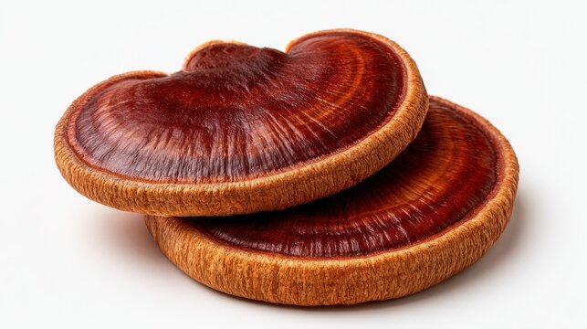 Two dried reishi mushrooms isolated on white background. Perfect for natural medicine and herbal supplement advertising concepts.