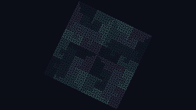 Procedural art. Dragon curve fractal pattern suitable for backgrounds, prints, posters, and digital designs. Geometric tiles with intricate blue dark neon shapes.