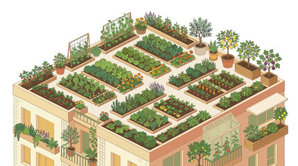 Fototapeta premium Isometric Rooftop Garden with Vegetables and Fruit Trees