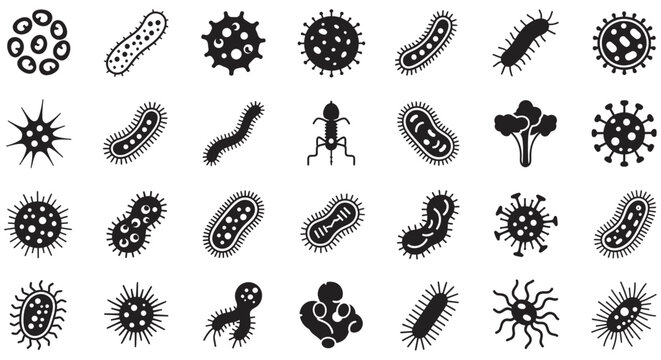 Collection Of Microorganism Silhouettes On A White Background bacteria bacterium