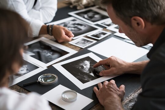 Creative Review Table with Printed Black and White Photos and Loupe