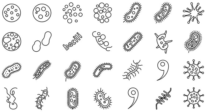 Line art bacteria and bacilli illustrations on a white background