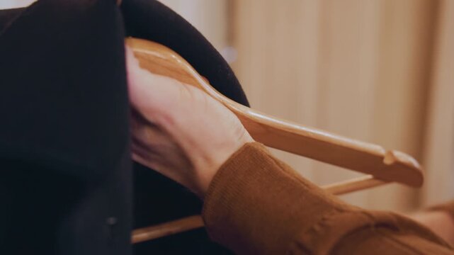 Close up of hands placing black garment on wooden hangers. person adjusts fabric over multiple hooks ensuring proper positioning throughout sequence. Soft indoor lighting highlights texture
