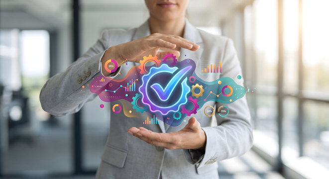 Businesswoman holding virtual quality assurance and process optimization hologram, Digital quality control and software approval concept with glowing checkmark gear badge.