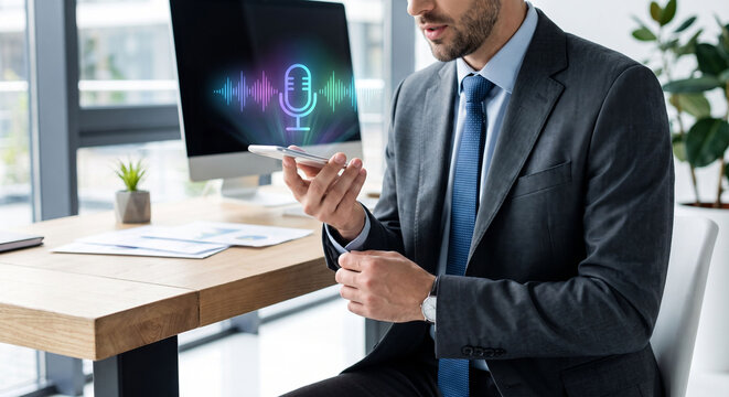 Businessman using smartphone with glowing holographic microphone and AI voice recognition interface, Corporate speech-to-text dictation and smart audio assistant concept in modern office.