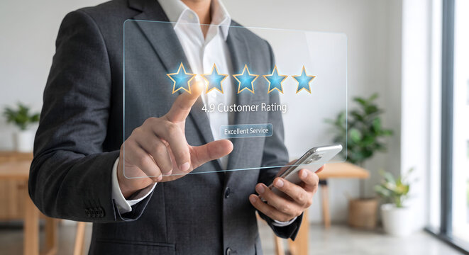 Businessman touching virtual five star customer rating interface with smartphone, Digital client feedback and excellent service evaluation concept with glowing hologram.