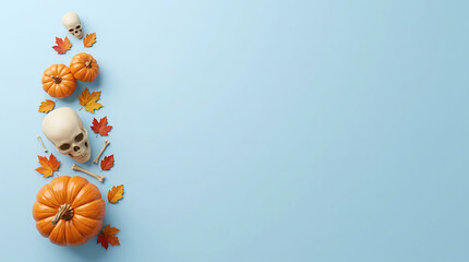 Fototapeta premium Halloween composition with pumpkins, skulls, bones and autumn leaves on a light blue background, top view with copy space for text