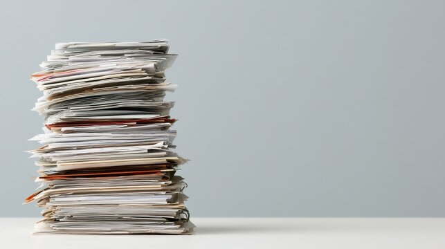 A massive stack of paperwork and documents sits neatly on a desk against a grey wall in bright lighting. This image represents bureaucratic overload and office administration.
