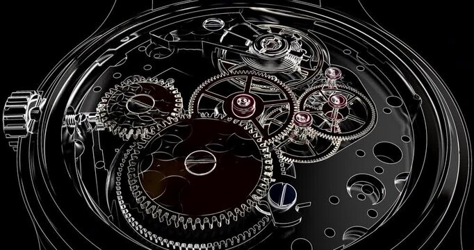 CGI wireframe model revealing open back luxury swiss watch movement.