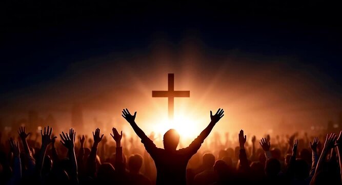 Crowd of silhouetted people raising their hands in praise and worship towards a christian cross at sunset, symbolizing faith, hope, spiritual connection, and collective religious devotion