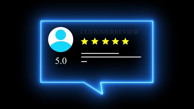 Glowing neon Rating 5 stars icon animation. animation customer review concept, character giving five star feedback on neon rectangle. 4k video animation.